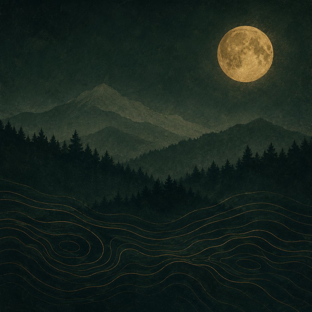 Focus Kit cover: a brass moon over pine mountains